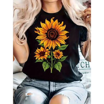 Women's Plus Size Sunflower Print T-Shirt Casual Round Neck Short Sleeve Comfort Top