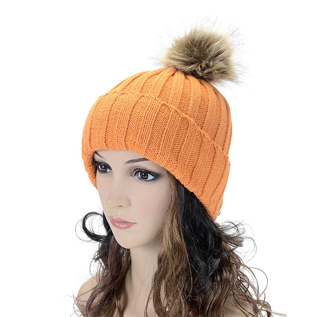 Women Winter Warm Knitted  Cute  F-ur Ball Yarn Hat