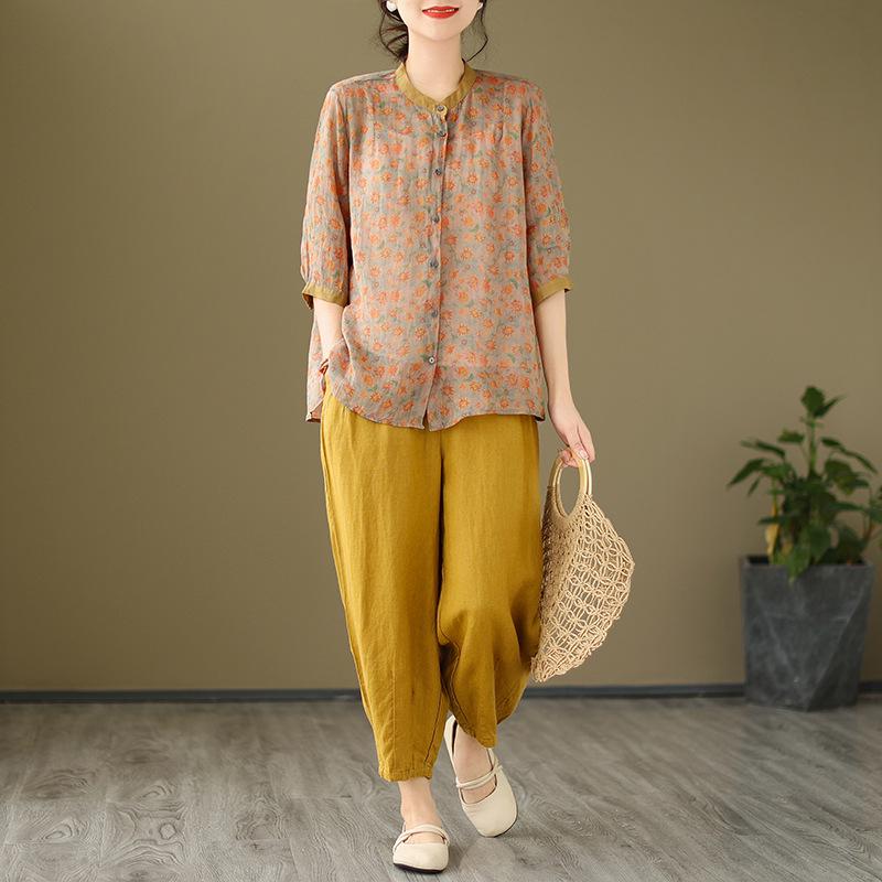 2026 Korean-Style Plus Size Slimming Retro Print Cotton-Linen Two-Piece Summer Set for Women