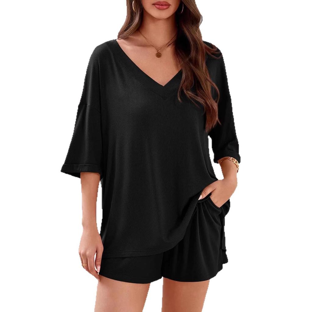 European & American Women's Summer Casual Two-Piece V-Neck Short-Sleeve Top and Shorts Set for Travel and Beachwear 2026