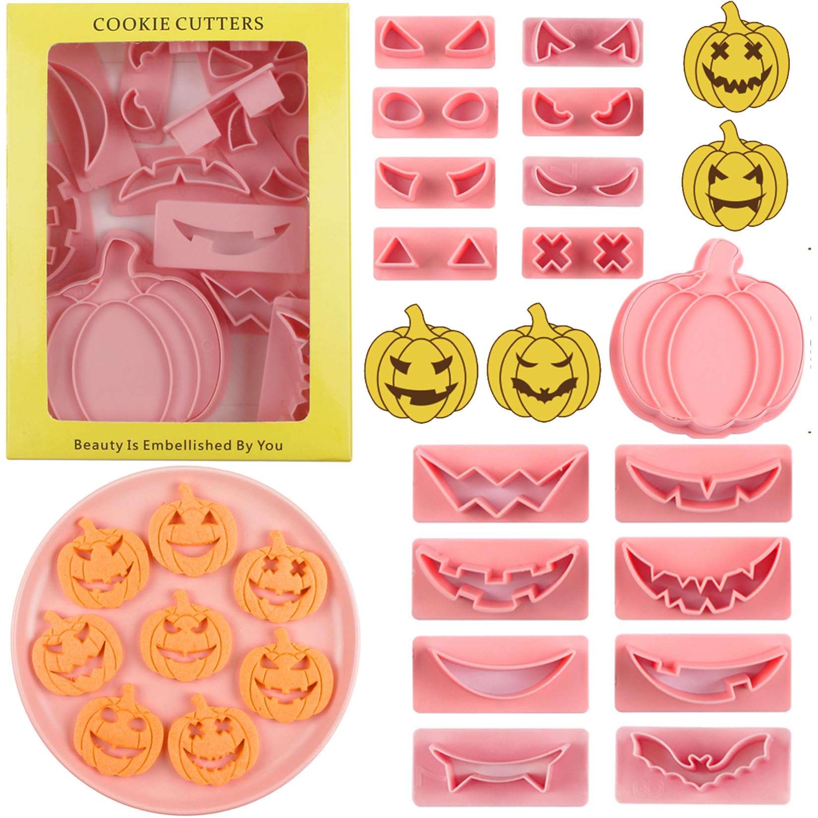 

Набор печенья в виде тыквы на Хэллоуин с 8 формами глаз и 8 формами рта, всего 64 штуки. Идеально подходит для кухни и в качестве форм для дня рождения, 18-компонентный вид. розовый