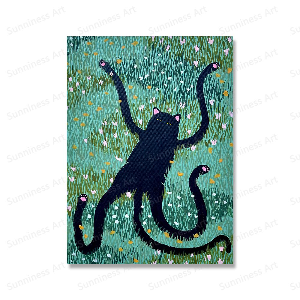 Abstract Green Plant Flower Black Cat Wall Art Canvas Painting Funny Posters And Prints Wall Pictures For Boho Living Room Decor
