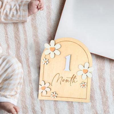 Baby Monthly Milestone Ornaments, Wooden Growth Markers with 3D Bow And Flower Decoration, Baby Monthly Milestone Cards for Baby Photos Keepsake