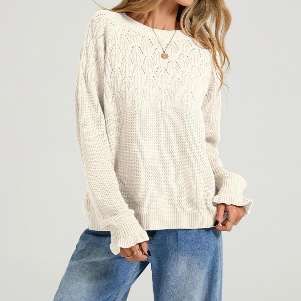 Women's Casual Pullover Sweater with Round Neck and Long Sleeves for Everyday Wear