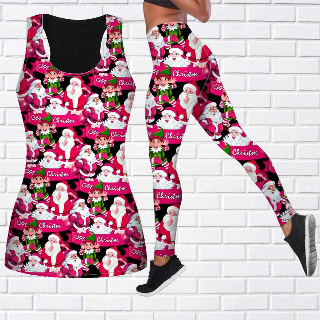 Lila Weihnachtsmann-Druck-Yoga-Outfit für Damen, modische Workout-Leggings, Fitness, Sport, lässige Yoga-Hose