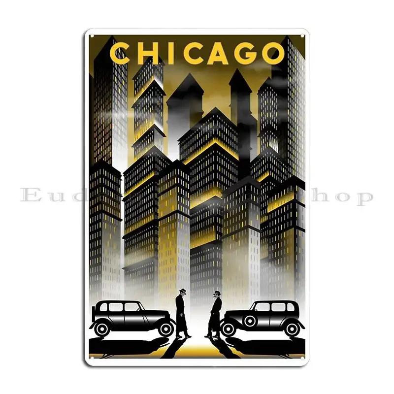 Chicago City In Night Metal Sign Club Wall Decor Mural Iron Wall Decor Tin Sign Poster