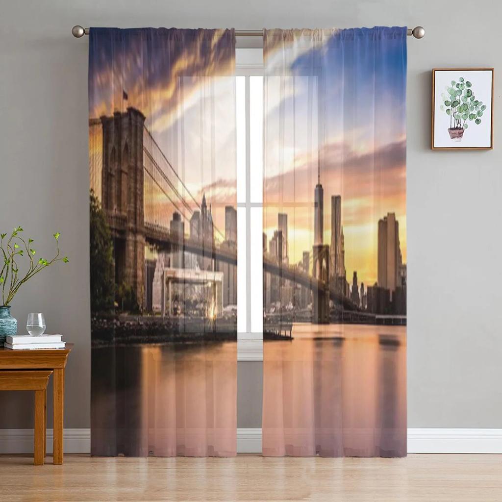 Brooklyn Bridge At Sunset Viewed From Brooklyn Bridge Park Tulle Sheer Curtains for Living Room Home Decor Voile Organza Curtain