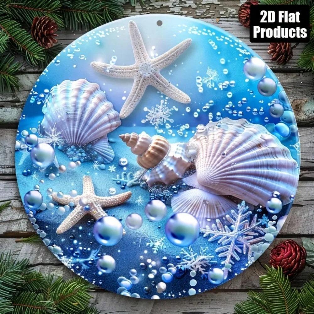 Vintage Ocean Themed Round Metal Wall Decor Starfish Shells Beach Sign Home Office Art