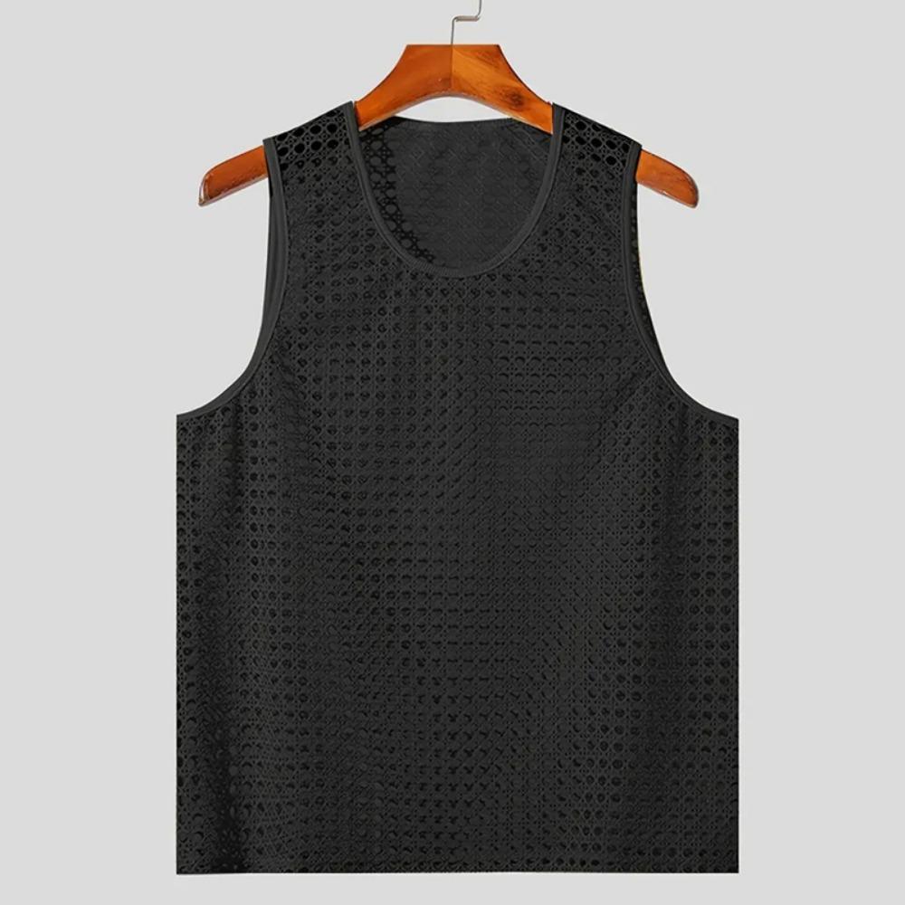 

American Style Fashion Men Vacation Style Hollow Mesh Vests Sexy Casual Summer Male Sleeveless Tank Tops XXL чорний