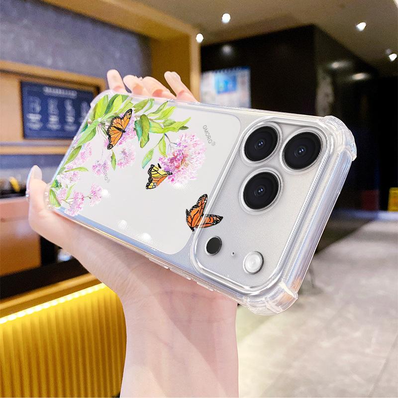 Pink butterfly mobile phone case Apple 15pro four corners anti-drop TPU transparent soft case iPhone17 light and advanced sense