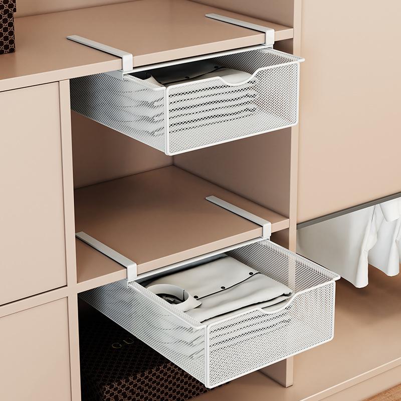 Under Shelf Hanging Pull Out Drawer Basket Carbon Steel Wardrobe Organizer Tray for Clothes Socks Space Saving Storage Drawer