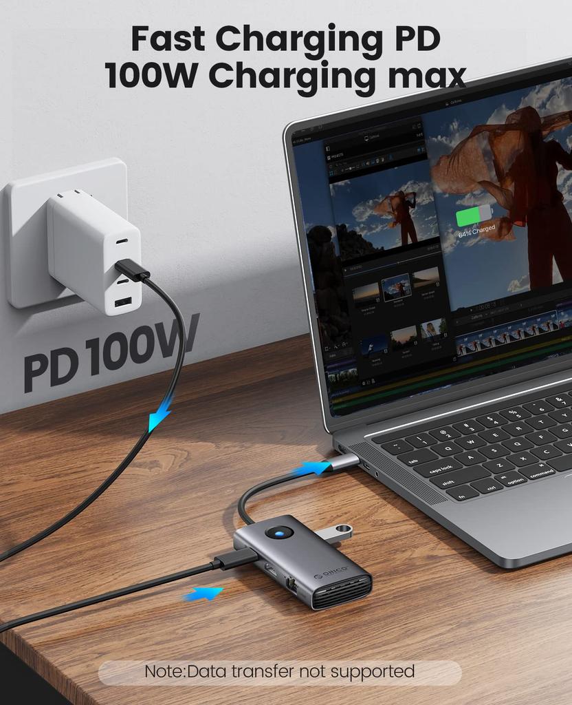 Docking ORICO 6 In 1 USB 4K PD 2 1 USB C Multiport Adapter for Windows Mac Station, Hub, HDMI, 2.5G Ethernet, 100W, USB-A 3.0 Ports, USB-C 3.0 Port,