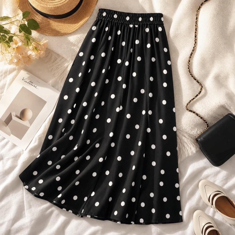 Schmal geschnittener A-Linien-Rock Elastischer Bund Halblanges Kleid Vintage Gepunkteter Rock Damen