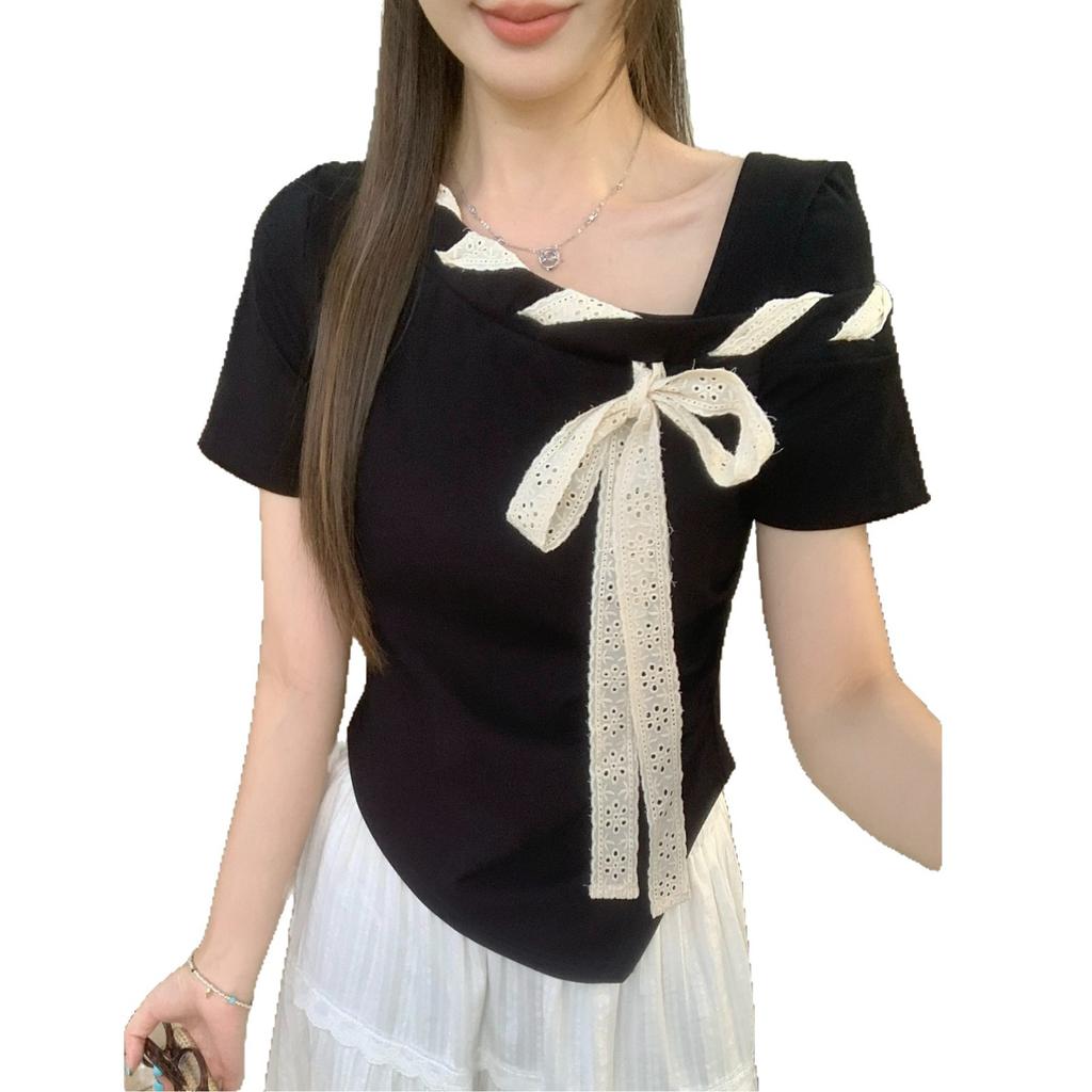 Summer Casual Versatile Unique Design Short-sleeved T-shirt Women's Fashion Small Slim Slim and Thin Sweet Top Ins Tide