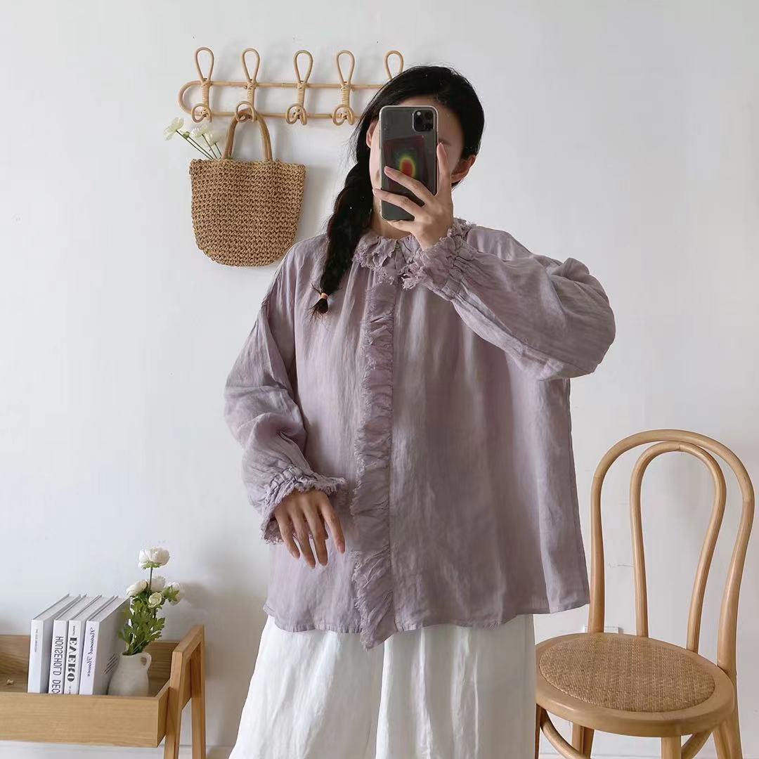 

Johnature винтажные льняные женские топы с оборками, блузки, осенние однотонные свободные рубашки на пуговицах с длинными рукавами One Size