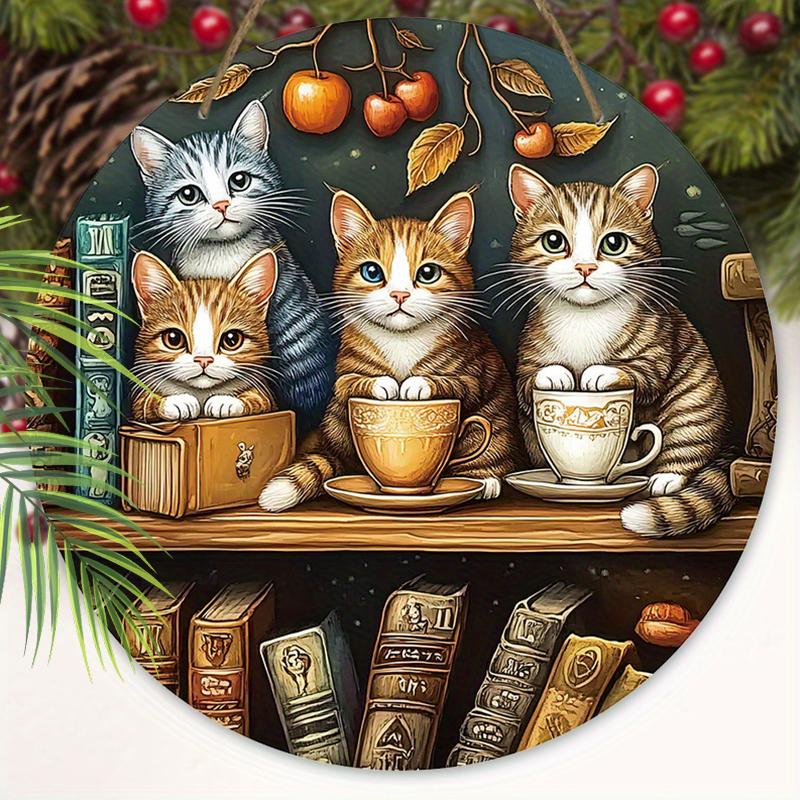 2D flat hanging decorative signs,interior wall or door decoration,garden decoration,the pattern is four cute kittens,a housewarming gift for friends