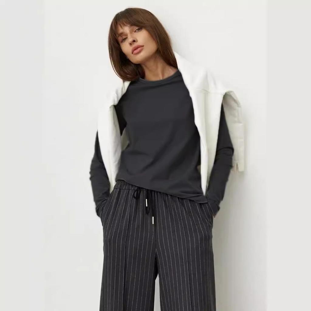 2025 Spring New Women's Cotton Long Sleeve T-Shirt Fashion Casual Versatile Office Round Neck Pullover Top