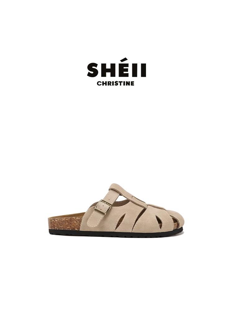 Solid Wear Doctrine~ Leather Hollow Thick Bottom French Baotou Birkenstock Slippers Women s Half-drag Outer Wear Summer 35