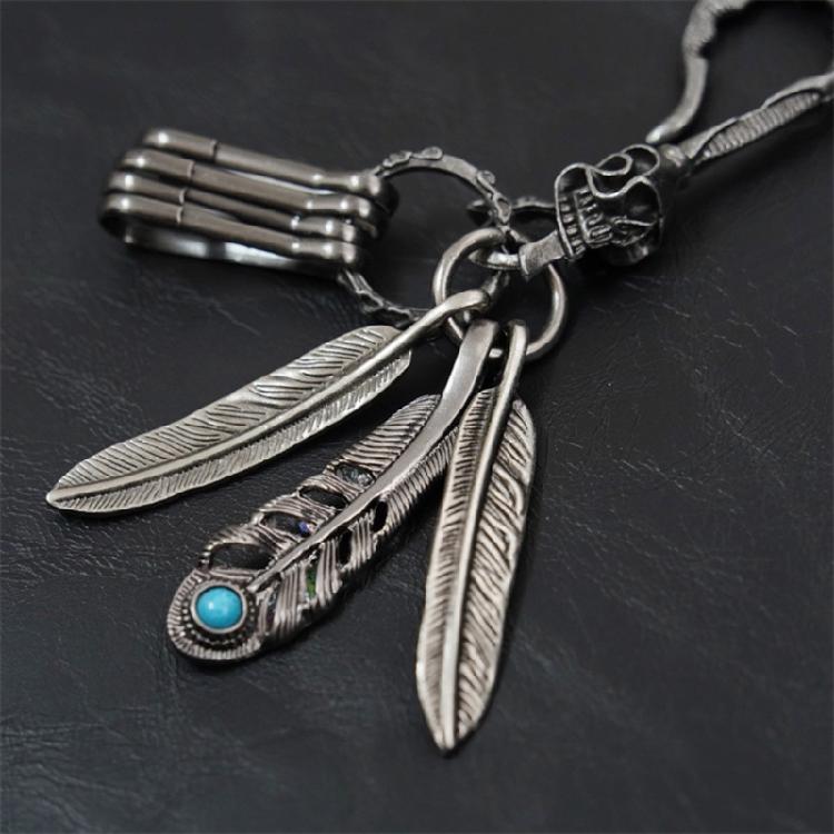 Distinctive Feather Keychain Charm In Antique Silver With Turquoise for Individualistic Fashion Statements Pieces
