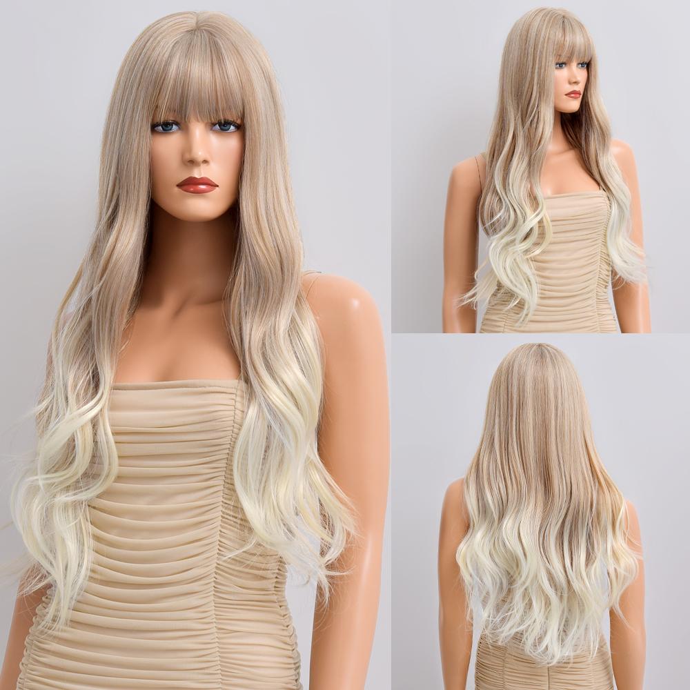 Synthetische Perücke für Frau, blau gefärbt, Ombre, langer Körper, Wasserwelle, Cosplay-Party, Lolita, 28 Zoll, hitzebeständige Nutural-Perücke