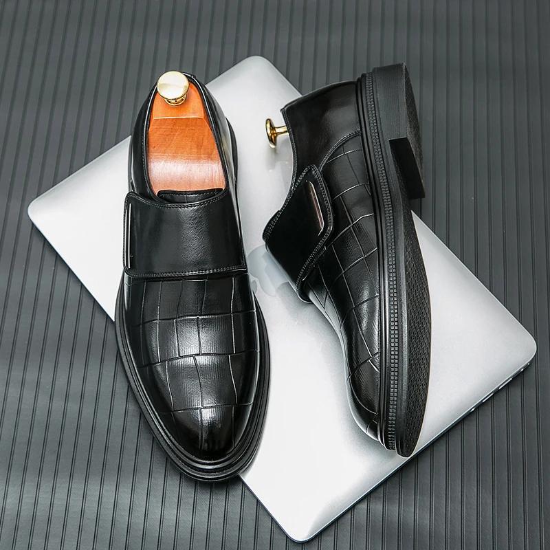 New Brown Loafers Buckle Strap Round Toe Shoes for Men Wedding Black Pu Men Dress Shoes  Size 38-46