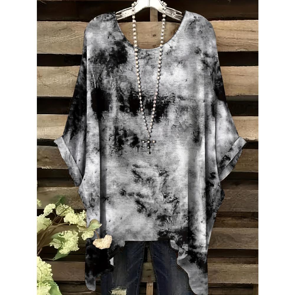 Women's T-Shirt Tie Dye Colorful Retro Simple 3D Printe O-Neck Irregular Hemline Summer Short Sleeve Casual Fashion Clothing Top