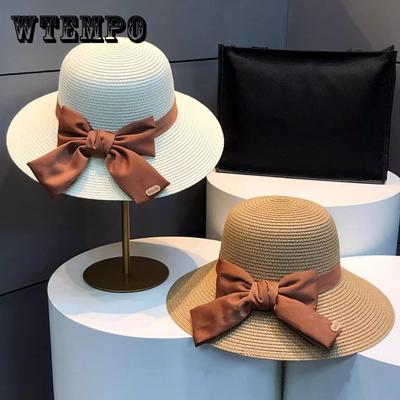 Women's Wide-Brimmed Straw Sun Hat, Summer Beach Hat with Bow, Breathable Foldable, Vacation Accessory