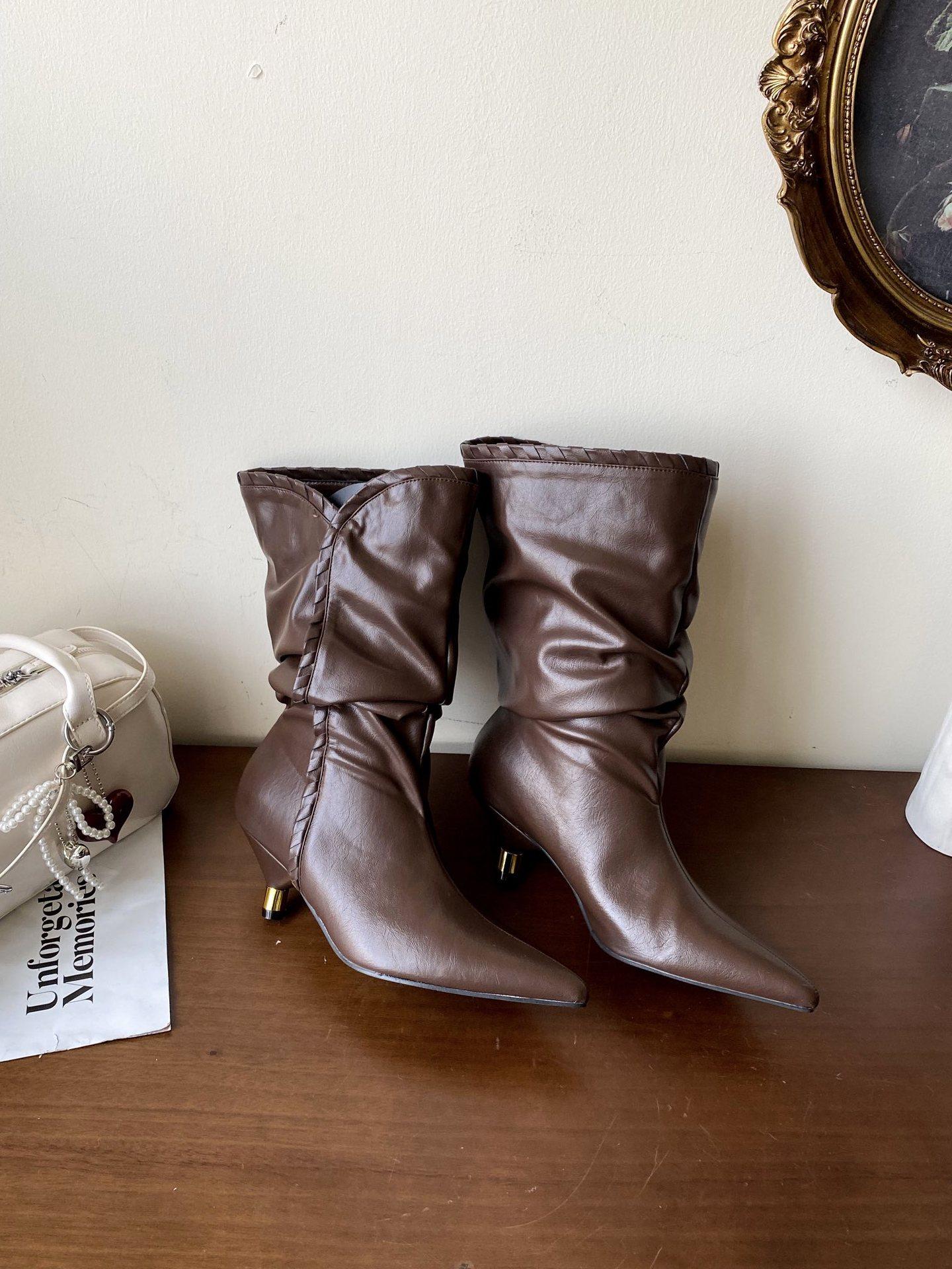 

2025 European and American style metal thin heels pointed hand-tied thin short boots 39 темно-коричневого кольору