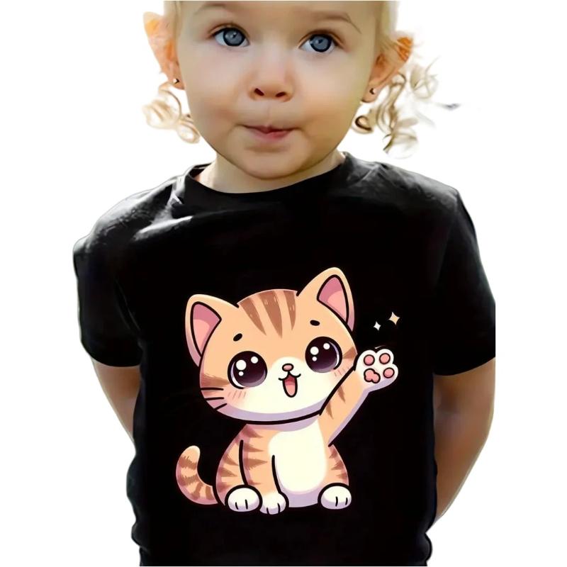 New Cartoon Cat Girl T-Shirt Short Sleeve Top Clothes Round Neck Top Fashion Junior Girls' Clothing Cute Outdoor Kids Tee