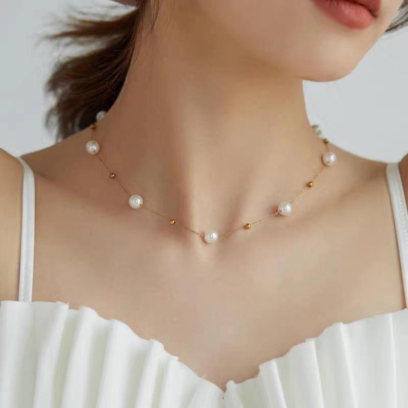 Stainless Steel Ball Pendant Necklace  Jewelry Minimalist Chain Pearl Necklace  Women's Jewelry