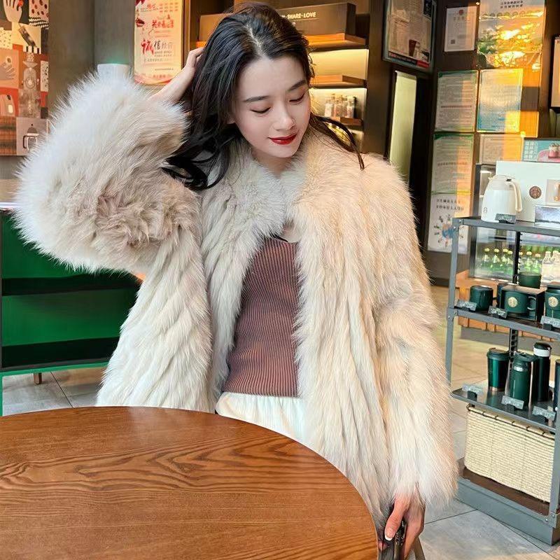 Autumn and winter new imitation fox fur coat women's short stand-up collar light thin coat thousand gold wind