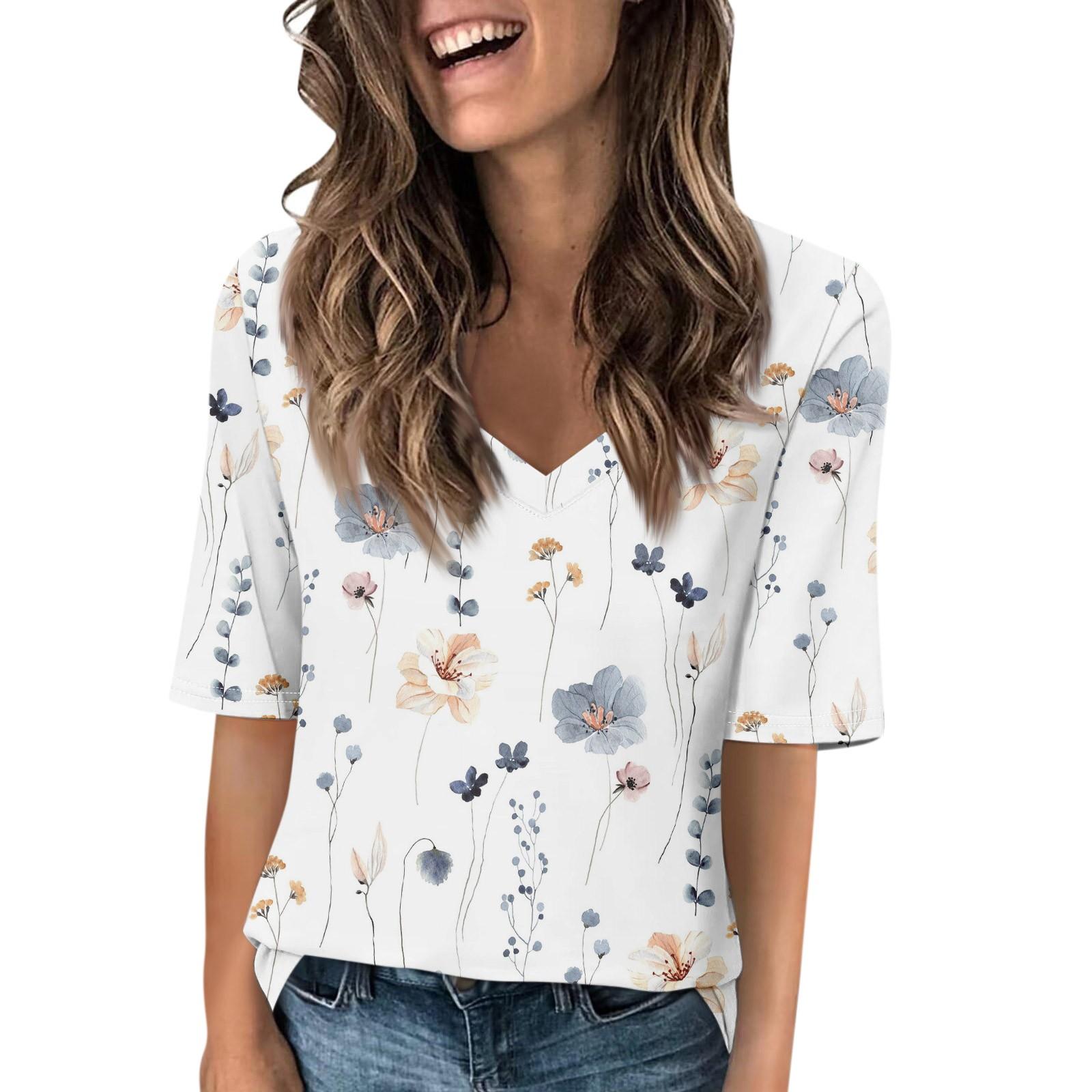 

Женские футболки с V-образным вырезом, топы с половиной рукавов, повседневные летние футболки с принтом, футболка, блузка XL белый