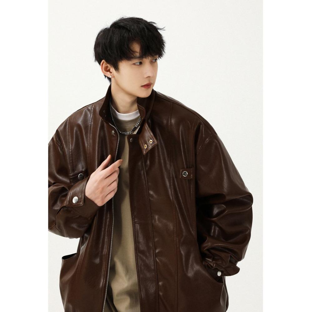 

Locomotive clothing men s trendy brand loose tooling PU leather jacket autumn high street trend casual ruffian handsome stand-up collar jacket M