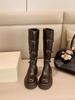 Cowhide Su Yinyin 6cm thick-soled but knee boots women's autumn and winter belt buckle thin boots western knight boots