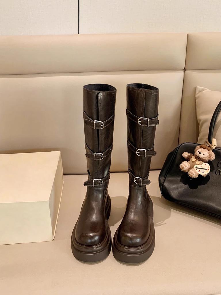 Cowhide Su Yinyin 6cm thick-soled but knee boots women's autumn and winter belt buckle thin boots western knight boots