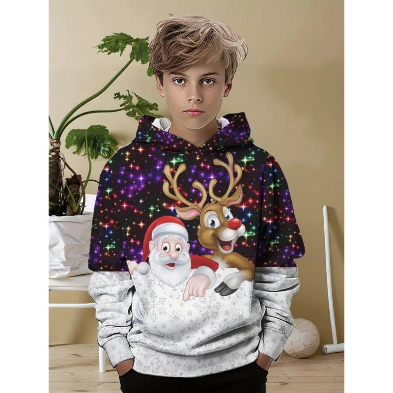 Hip Hop Santa Children's Hoodie Cute Christmas Pattern Holiday Hoodie Loose Comfortable Boys Top Lightweight Children's Clothing