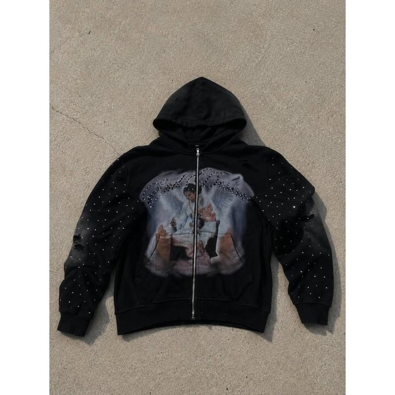 Gradient Rhinestone Angel Oil Painting Zip Up Hoodie Distressed Washed Black Loose Streetwear Men Women