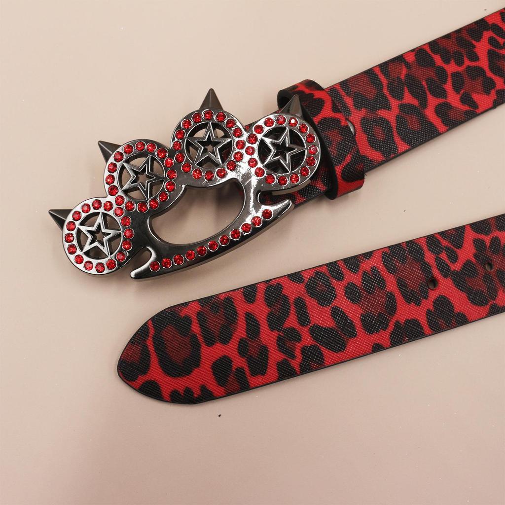 Y2K Leopard Print Rhinestone Tiger Claw Punk Women's Leather Belt