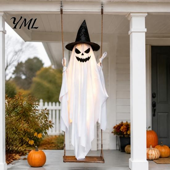 Reusable Fabric Ghost for Trees Halloween Light Up Hanging Decoration, Spooky Large on A Illuminated Decor Store Windows Swing with Witch Hat
