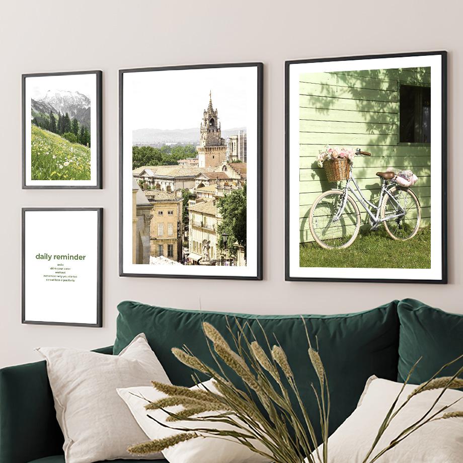 Europa Stadt Fahrrad Berg Wildblumen Blatt Wand Kunst Leinwand Malerei Nordic Poster Und Drucke Wand Bilder Für Wohnzimmer Dekor