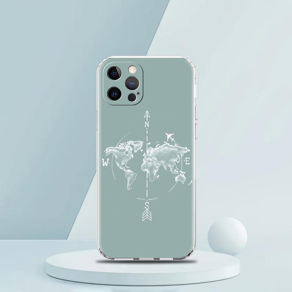 

For iPhone 15 16 14 13 12 mini 11 Pro Max XS X XR SE 7 8 Plus Clear Cover Cartoon World map scenery direction Phone Case iPhone 16 Pro