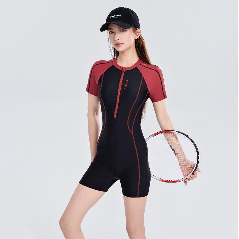 Sports One-piece Swimsuit Women's Short-sleeved Boxer Belly Cover Slimming Swimming Pool Hot Large-size Racing