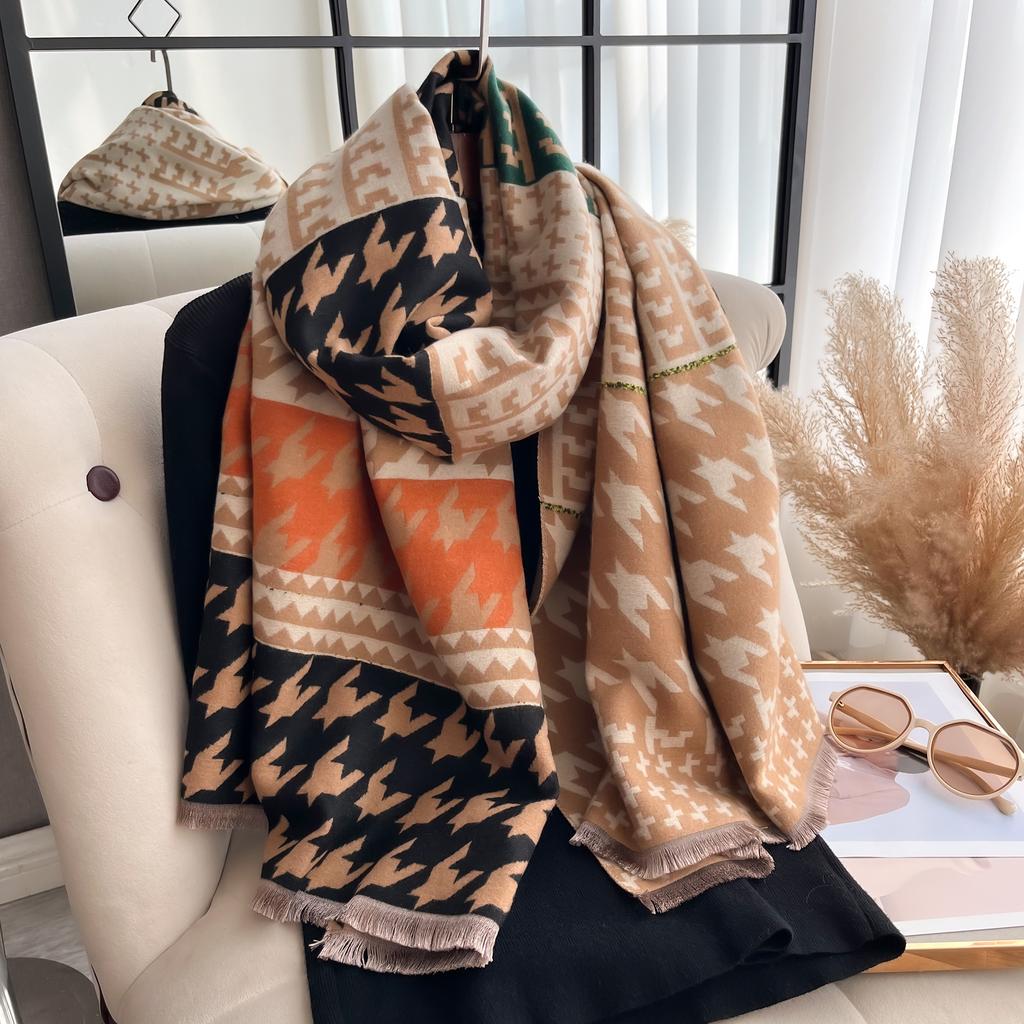 New Houndstooth Print Scarf For Women Warmer Winter Cashmere Pashmina Scarves Shawls Female Thick Blanket Wraps Foulard
