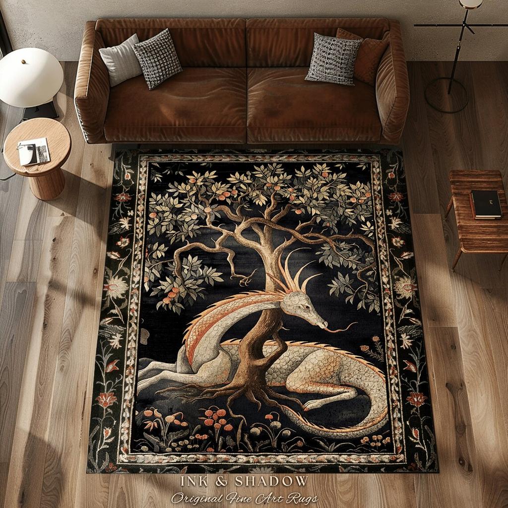Folk Art Dragon Theme Rug Carpet for Living Room Bedroom Decor Aesthetic Mythical Creatures Art Floor Mat Coffee Table Mat