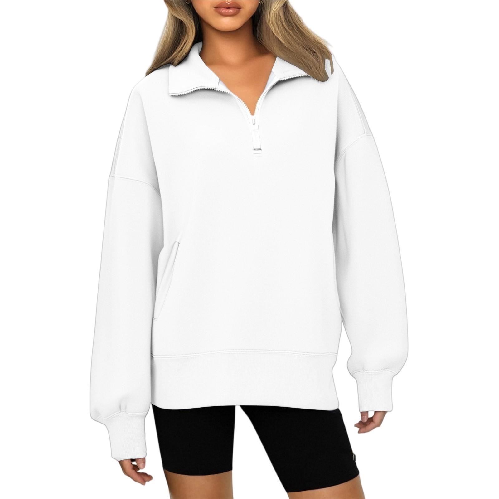 Fashionable Ladies Zipper Lapel Color Pocket Casual Sweatshirt XXL белый