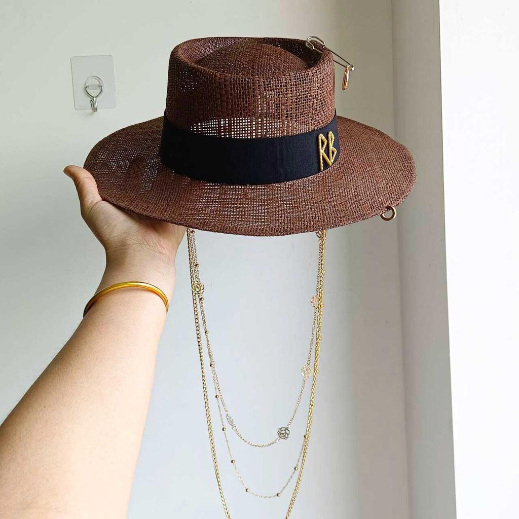 2023 Summer sun hat Lafite grass French straw hat Women's chain decorated straw hat Holiday Sun hat Punk style beach