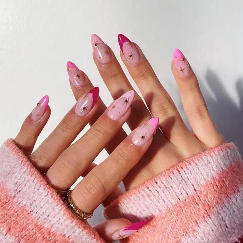 

WM-48 Pink Starry Almond Nails - 24pc French Valentine s Day Set Glue Type