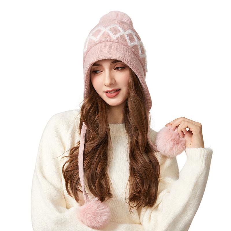 Winter Knitted Hat Big Head Cashmere Three Hair Ball Ear Protection Wool Hat for Women