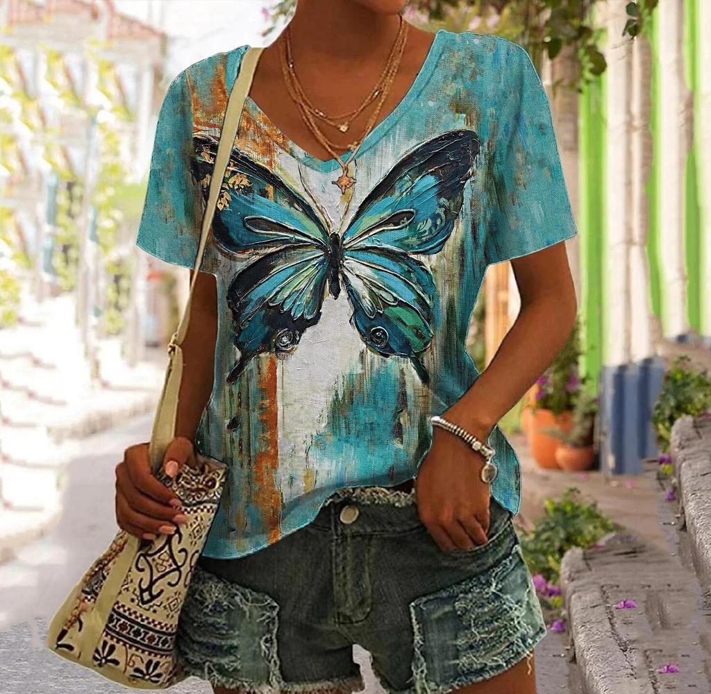 Summer Women's T Shirt Tee 3D Prints Butterfly Graphic Casual Daily Blue Prints Short Sleeve Fashion V Neck Regular Fit Tops