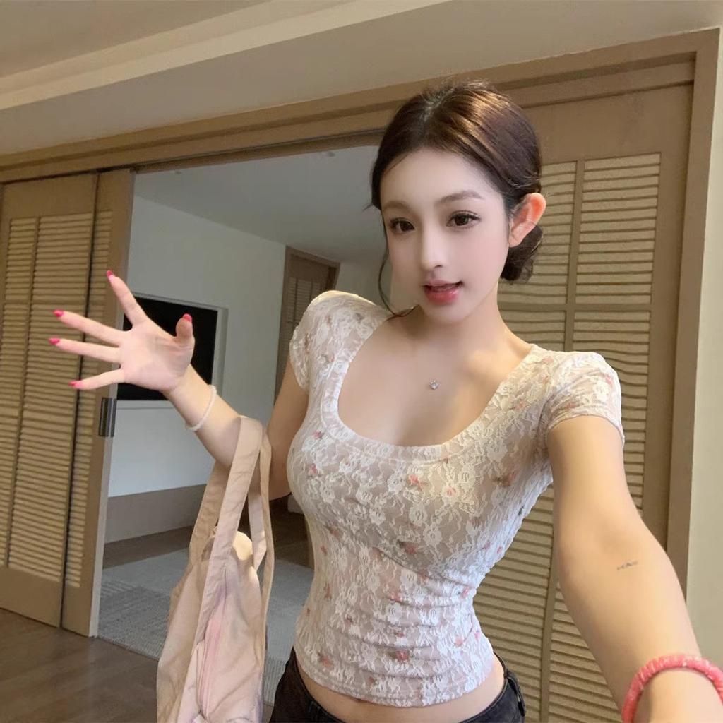 White Lace Floral U-neck Short-sleeved T-shirt Women's Summer Design Short Pure Desire Spice Slim Top